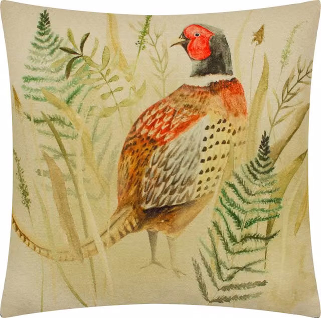Bramble Pheasant Printed Square Polyester Cushion in Yellow and Multicolour
