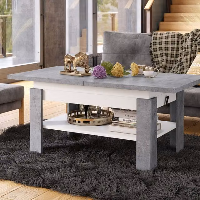 Heze Furniture Rio 2 in 1 Extending Coffee or Dining Table, White and Concrete, W: 130-170 cm, H: 67 cm