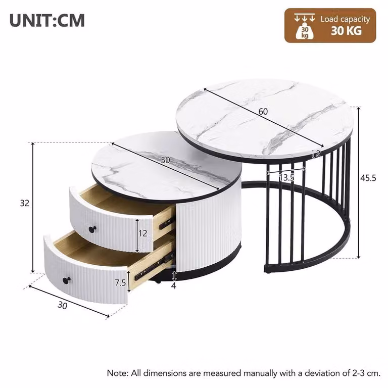 ERGOVEXA Set of 2 Round Marble Effect Nesting Tables in White