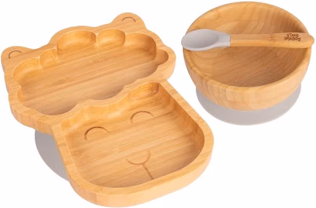 Tiny Dining 3-Piece Llama Bamboo and Silicone Suction Divided Toddler Feeding Set in Grey