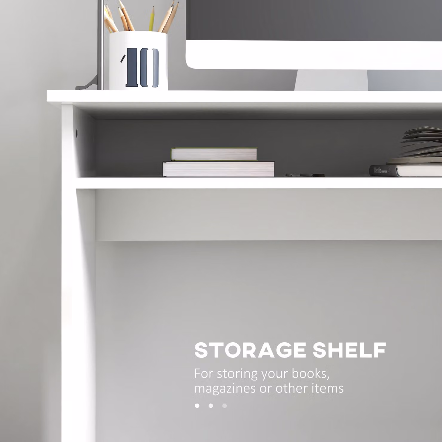 HOMCOM Modern High Gloss Writing Desk with Storage Shelf in White – 3