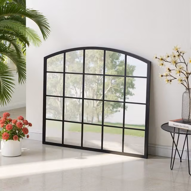 Komore Black Industrial Geometric Grid Design Arch Wall Mirror with Metal Frame