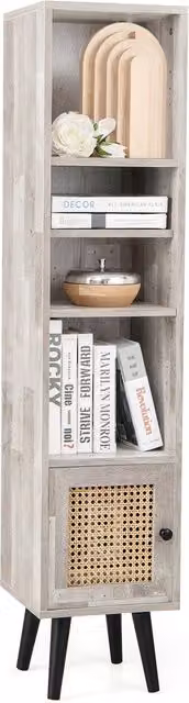 COSTWAY Boho Rattan Corner Storage Cabinet with Hinged Doors in Brown