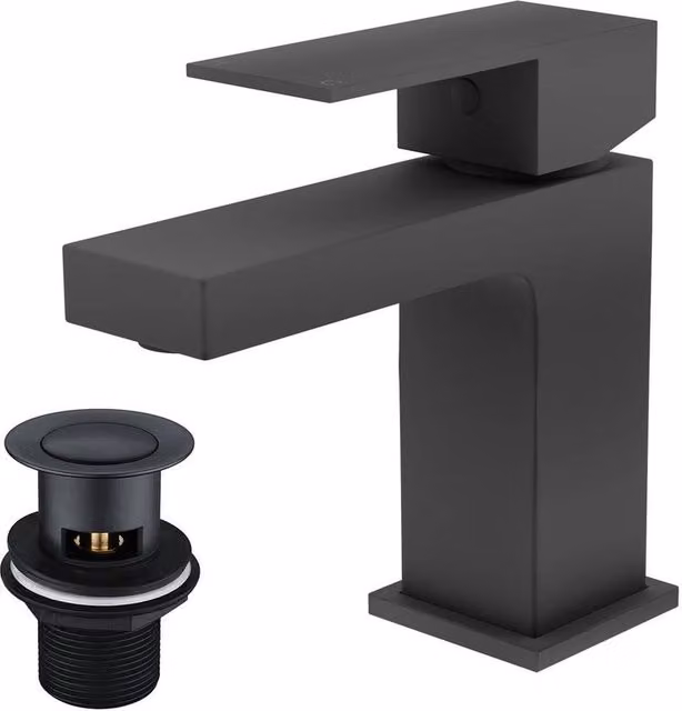 VOGREX Square Single Lever Basin Mixer Tap with Pop Up Waste in Matte Black – 1