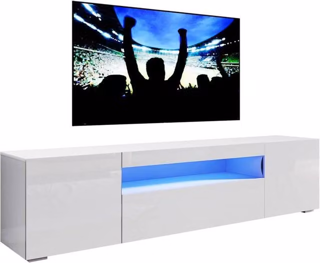 FORGEVIO Modern High Gloss White Wood TV Stand Cabinet with Integrated Lighting, W/D/H: 200 x 49 x 40 cm