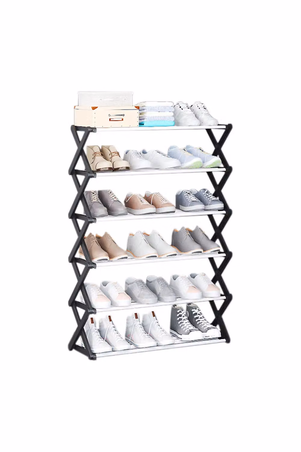 Livingandhome Foldable 6-Tier Metal Shoe Rack, Black, W: 59.5 cm, D: 20.8 cm, H: 87.8 cm – 2