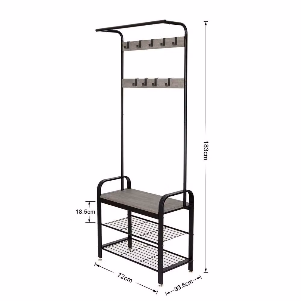KORVIXA Industrial Hall Tree with Shoe Storage Bench in Matt Black Metal and MDF – 2