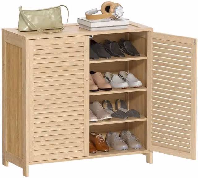 NESTLUNE Bamboo Shoe Cabinet with Roll Shutter Doors in Beige, W: 100 cm, D: 15 cm, H: 80 cm – 1