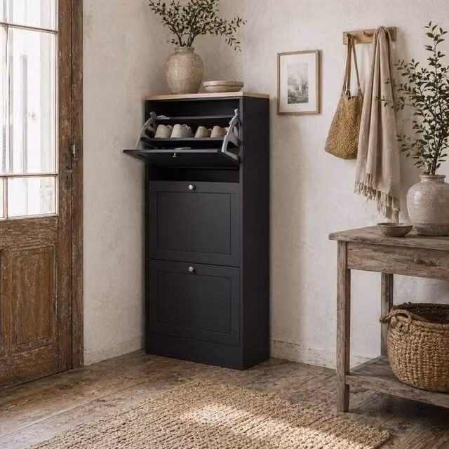 Wyld Haus Rani Black Matt Compact 3 Drawer Wall Mounted Shoe Cabinet W/D/H: 60 x 115 x 30 cm – 1