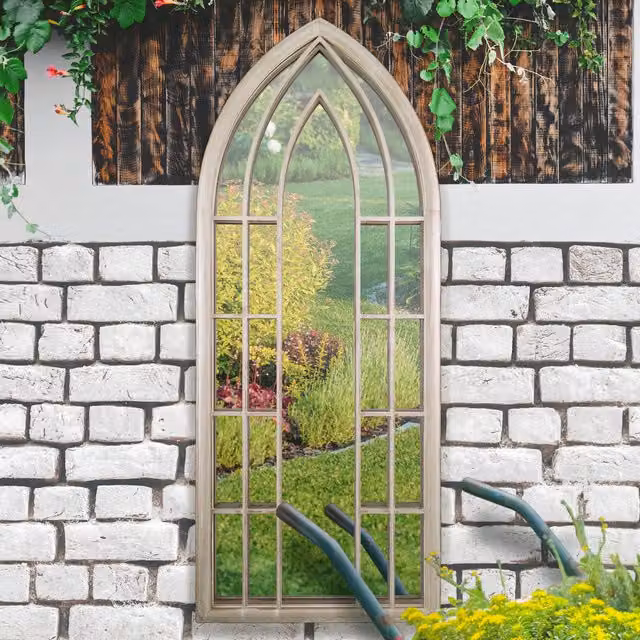 MirrorOutlet Gothic Arch Large Outdoor Garden Wall Mirror in Stone, H 190 cm x W 75 cm