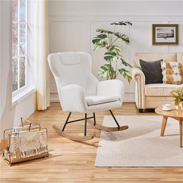 Yaheetech Bouclé Fabric High Back Rocking Chair with Armrests and Solid Beech Wood Frame, White