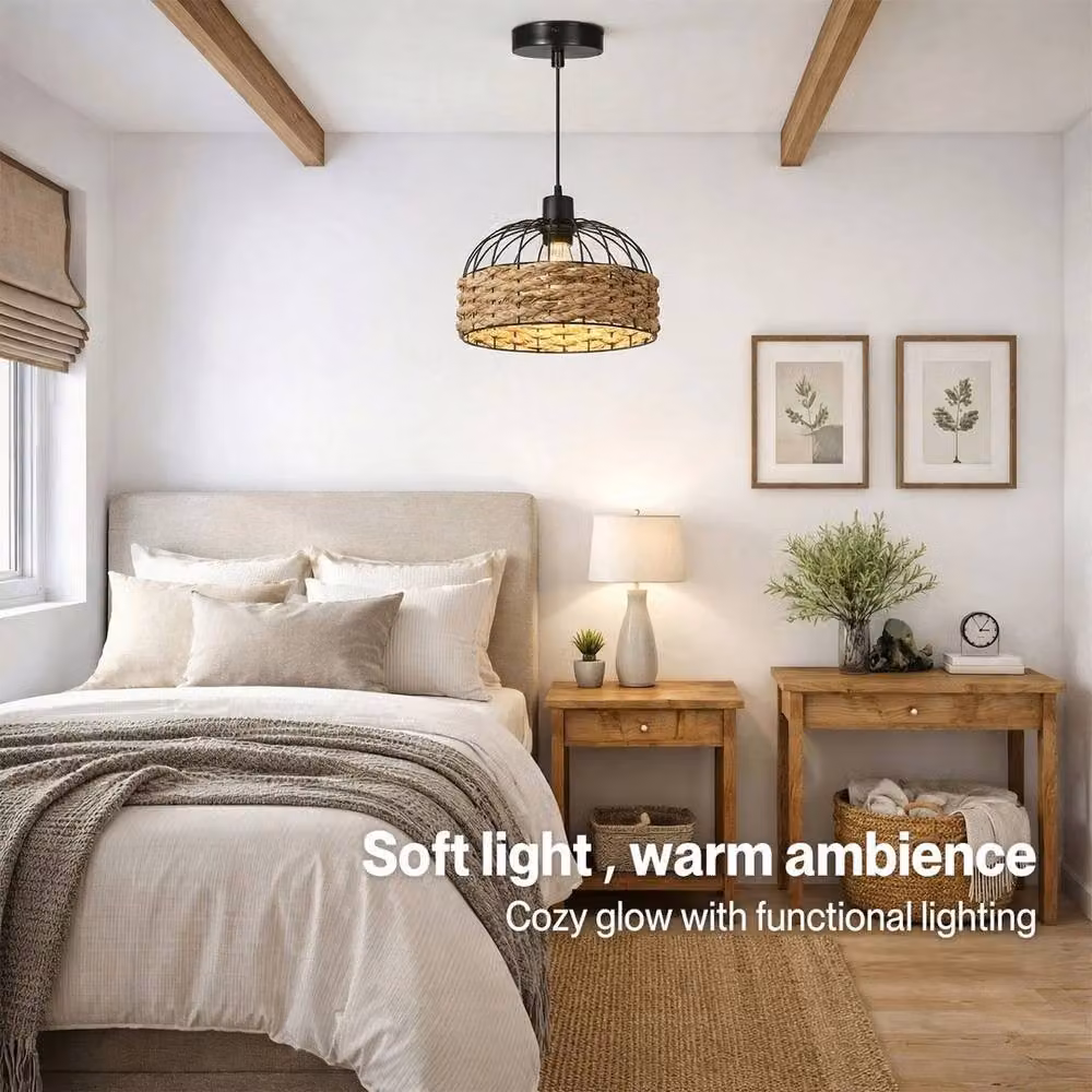 EONLION Brown Rattan and Metal Boho Dome Ceiling Pendant Light Shade – 3