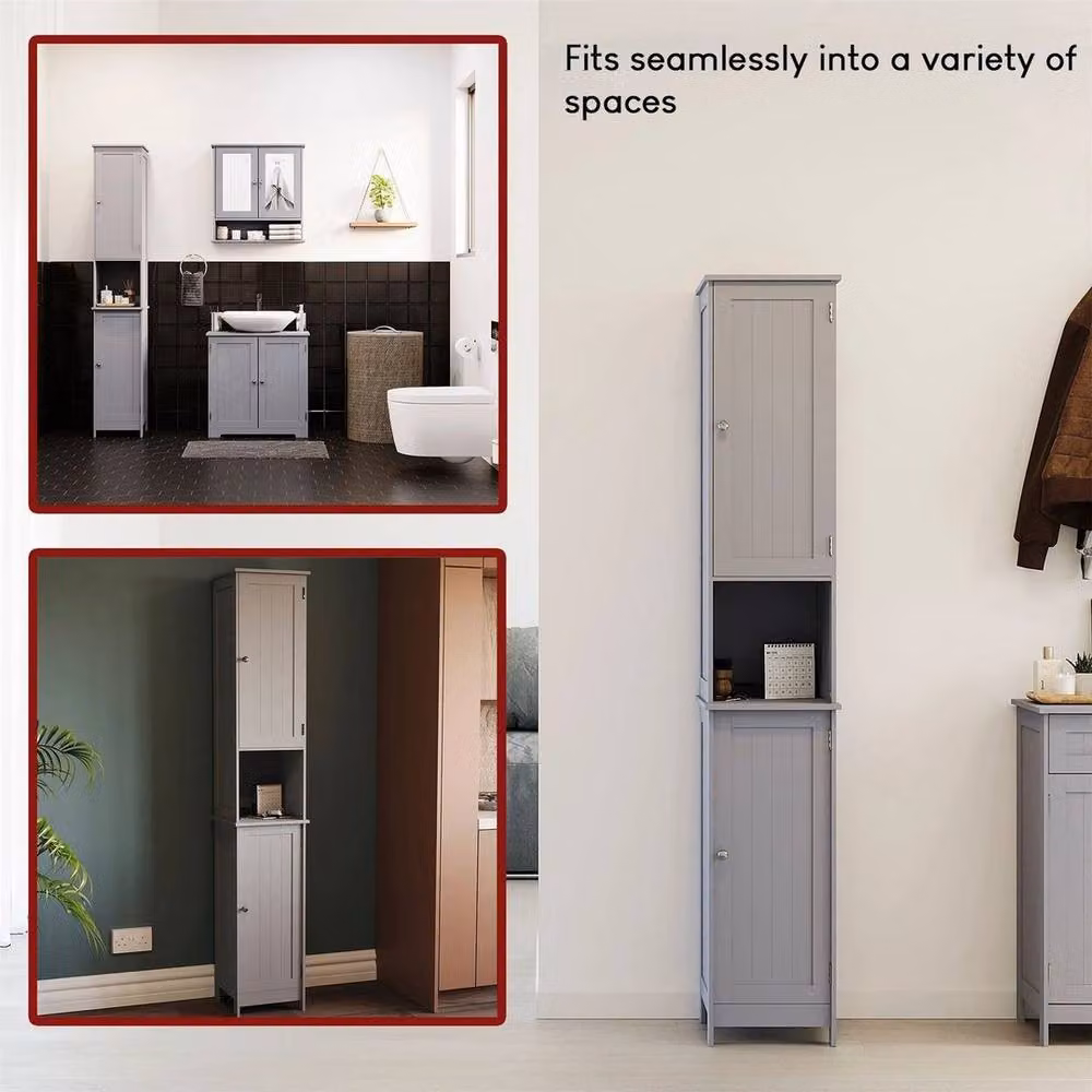 Kelvenix Modern Grey Freestanding Bathroom Tall Cabinet with Hinged Doors and Internal Shelves – 4