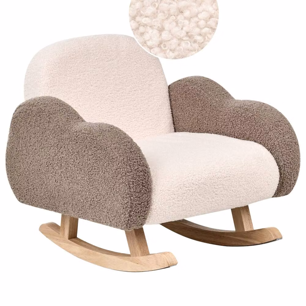 Wyld and Coco Kids Bouclé Rocking Chair in Beige with Cloud Armrests and Solid Rubberwood Legs – 2