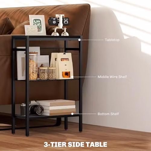 HOMCOM Industrial Side Table with 3-Tier Storage, Black – 3