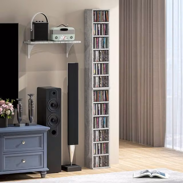 HOMCOM Set of 2 Modern Wall Mounted CD Media Display Shelf Units in Light Grey