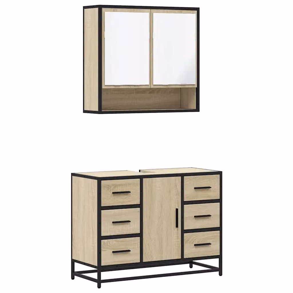 Berkfield Home 2 Piece Industrial Bathroom Furniture Set in Brown Sonoma Oak featuring a Vanity Unit and Mirror Cabinet – 2