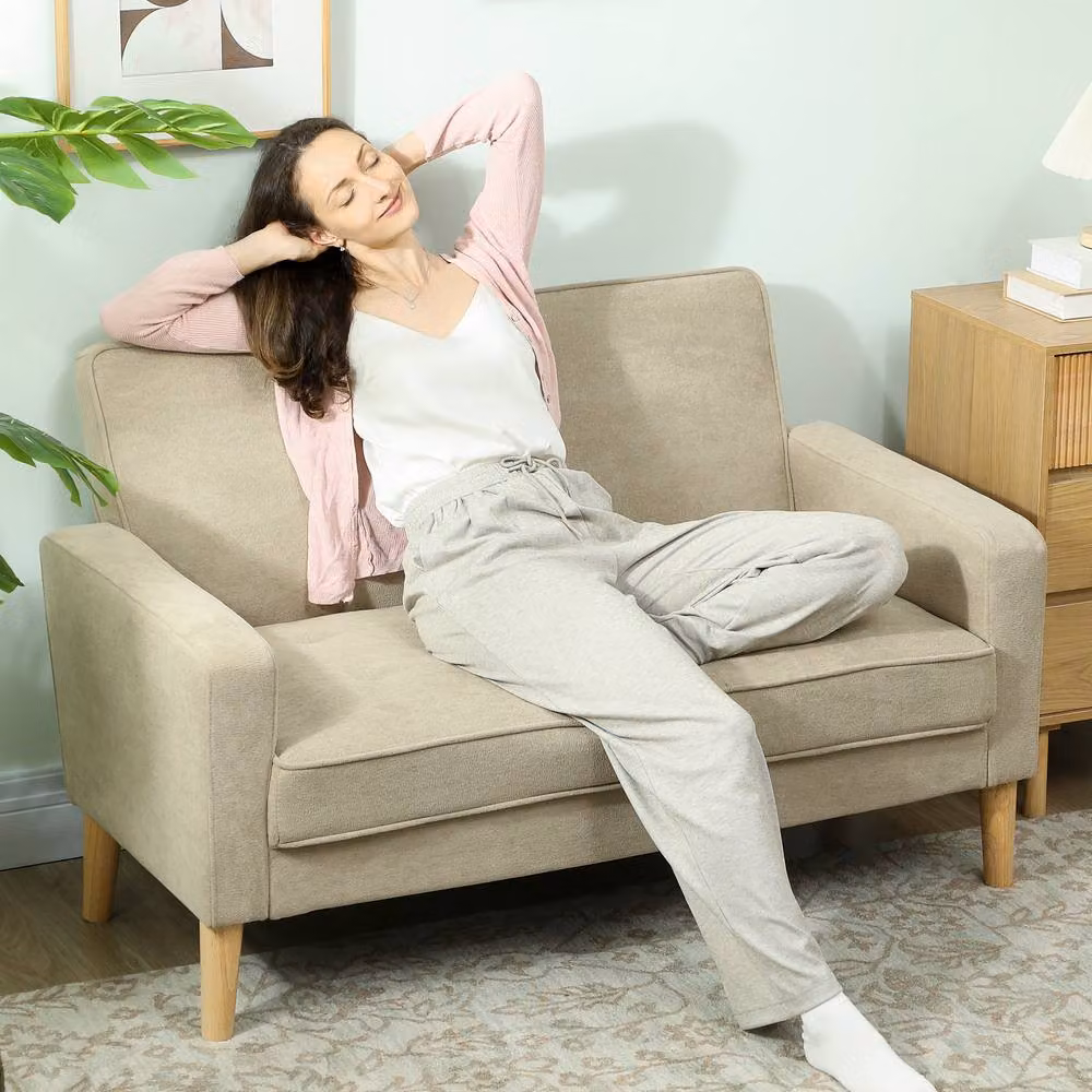 ERGOVEXA Two-Seater Modern Velvet Upholstered Sofa in Beige, W/D/H: 130 x 74.5 x 82 cm – 4