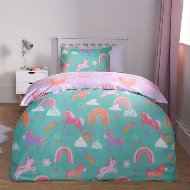 OHS Reversible Unicorn Rainbow Graphic Childrens Duvet Cover, Multicolour Green and Purple, 90 x 190 cm