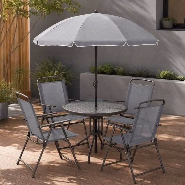 STILVORA 6-Piece Modern Round Garden Dining Set with Glass Table and Parasol in Grey – 1