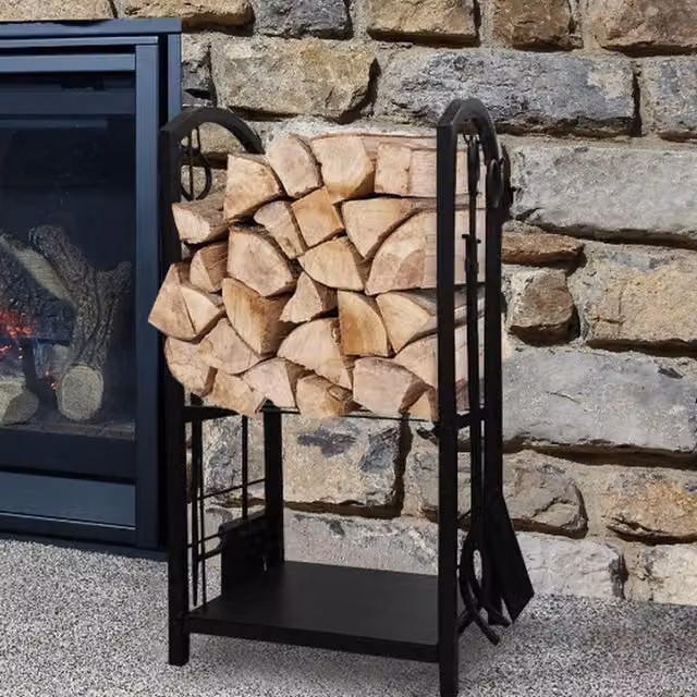 Marco Paul Freestanding Metal Firewood Storage Rack with Shelf in Matt Black or Brown
