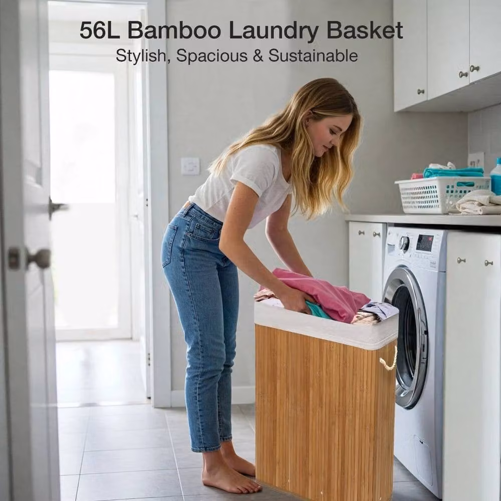 PAWNORA Bamboo Laundry Basket with Lid in Beige and Brown, W/D/H: 56.0 x 18.0 x 60.0 cm – 3