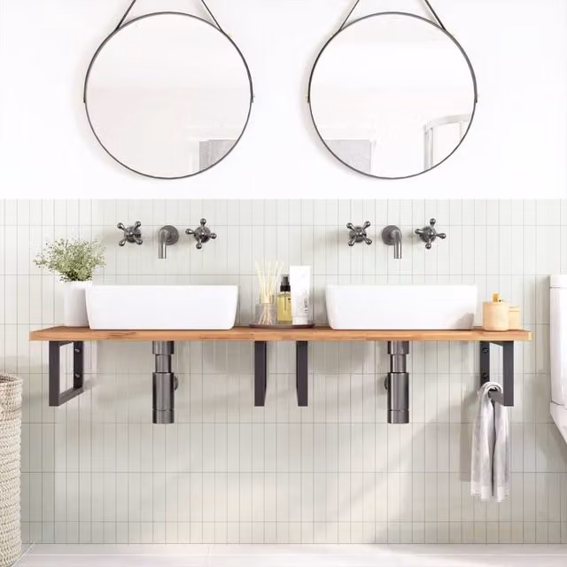Berkfield Home Elegant Wall Mounted Basin Shelf in Brown Steel and Solid Beech Wood