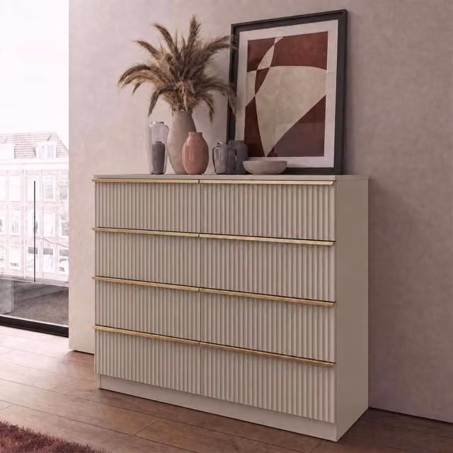 FWStyle Lania Scalloped Ripple Effect 8 Drawer Chest in Beige and Gold, H 77 cm x W 114 cm x D 40 cm – 1