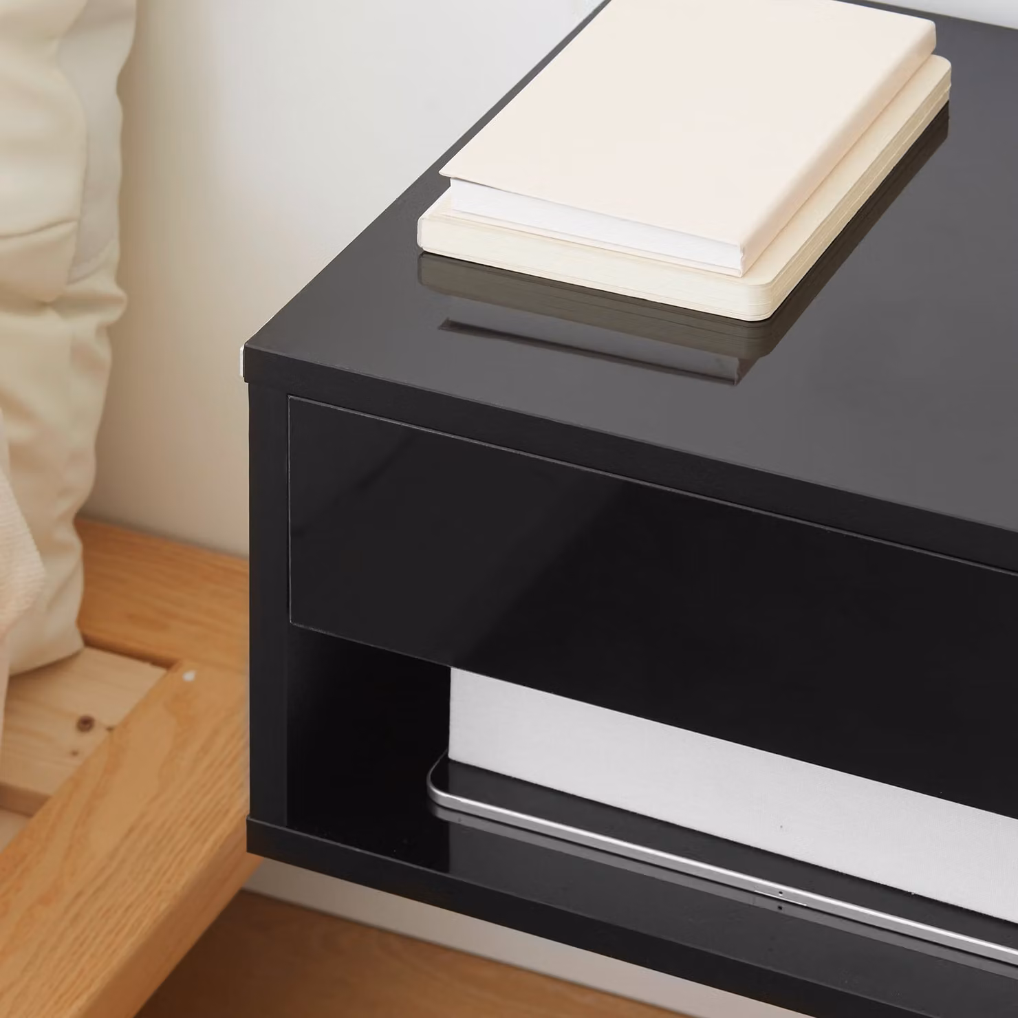 HOMCOM Set of 2 Wall Mounted High Gloss Black Bedside Tables with Drawer and Shelf, W/D/H: 37 x 32 x 21 cm – 7