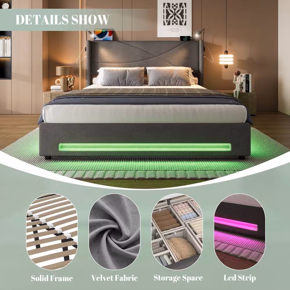 Matteo Modern Dark Grey Velvet King Bed Frame with Lift Up Storage, Integrated Reading Lights, Under Bed Lighting and USB Charging Ports, W/D/H: 180 x 200 cm – 4