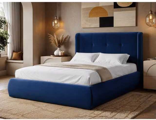 Solace+Co Monte Midnight Blue Velvet Winged Button Headboard Ottoman Bed with Lift Up Base, Double, W/D/H: 140 x 200 x 108 cm – 1