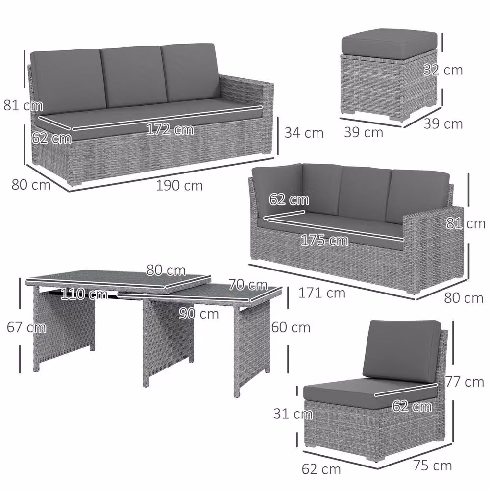 STILVORA 10-Seater Sofa Set with Expandable Glass Table and Rattan Details in Grey – 4