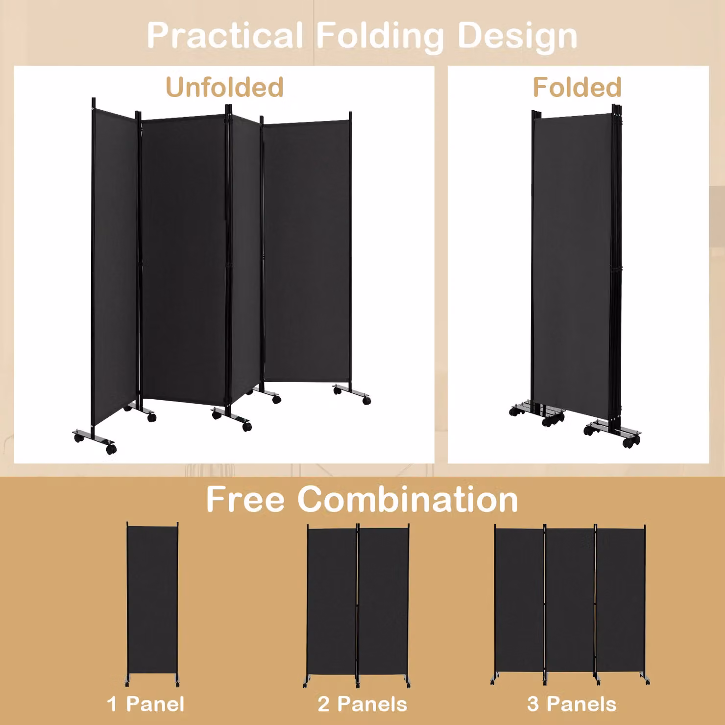 Costway 4 Panel Rolling Room Divider in Dark Grey – 5