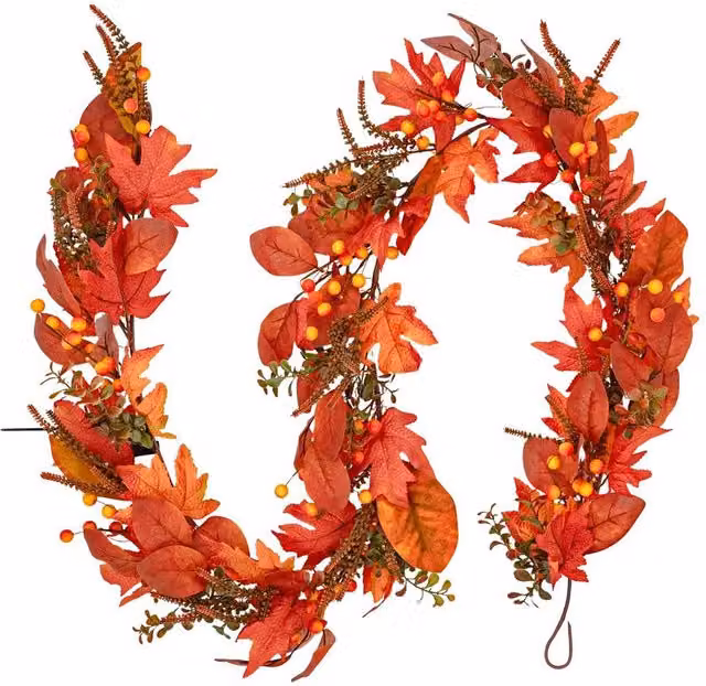 BOSK Copper Leaf Autumn Garland in Orange and Gold with Warm White LED Microbulbs, Length: 182.88 cm, Width: 25.4 cm