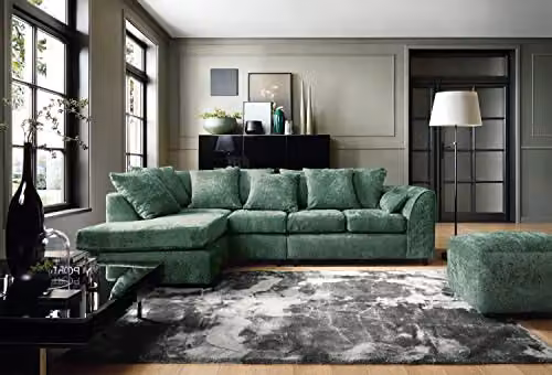 Abakus Direct Harriet Left Facing U-Shaped Corner Sofa in Green Crushed Chenille Velvet with Matching Ottoman and Scatter Cushions – 2