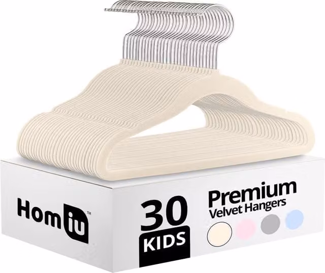 Homiu 30 Pack Non-Slip Velvet Flocked Kids Hangers with Swivel Hook in Beige and White