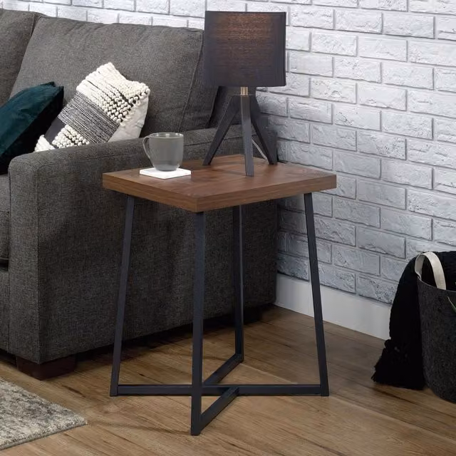 Teknik Geometric Industrial Square Side Table in Brown Wood and Metal with X-Frame