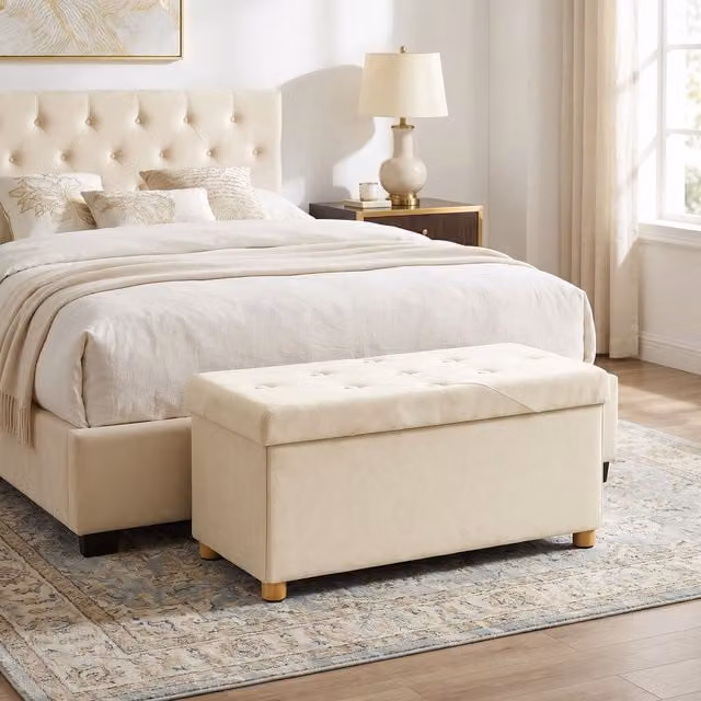 HOMCOM Velvet Upholstered Foldable Ottoman Footrest with Wood Legs, Cream White