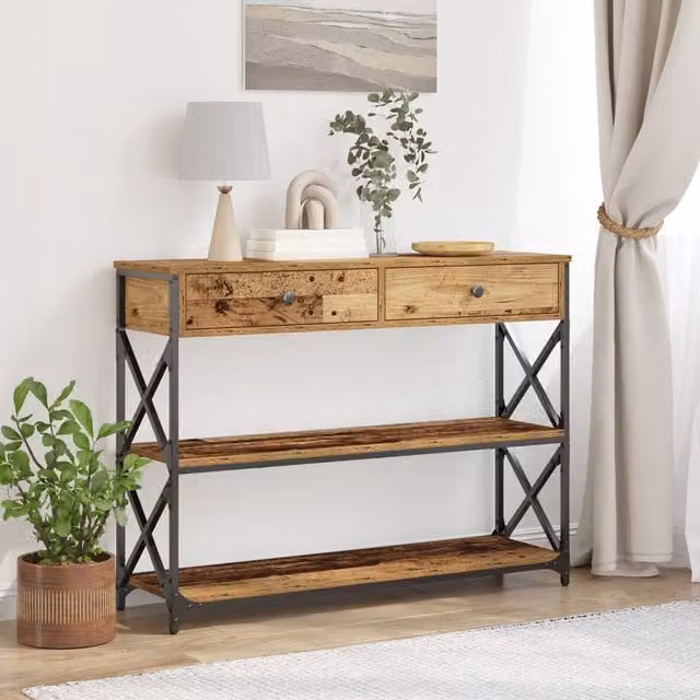 Berkfield Home Industrial Console Table in Brown, Engineered Wood and Steel, W/D/H: 100 x 28 x 75 cm