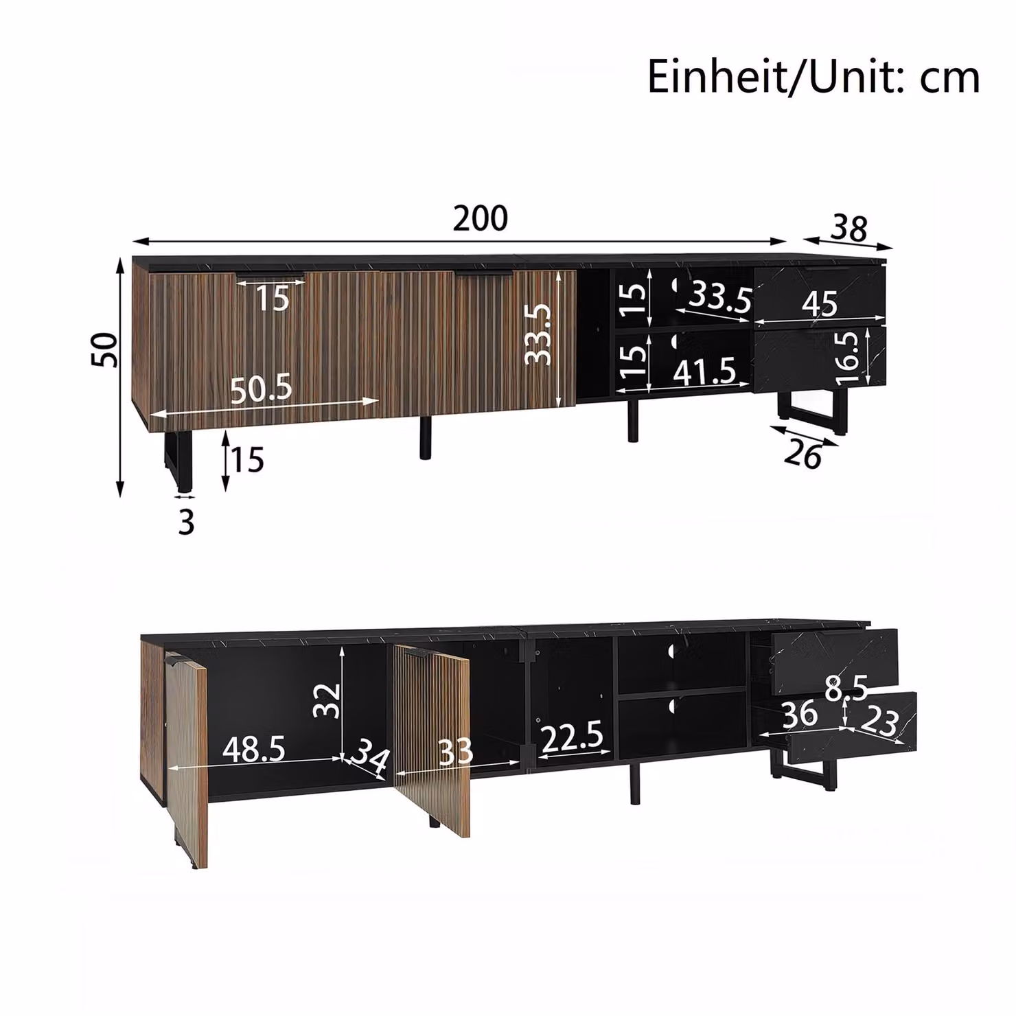 Aosom UK Modern TV Cabinet with 2 Wood-Grain Doors and 2 Open Shelves in Black and Wood, W: 200 cm, D: 38 cm, H: 50 cm – 3