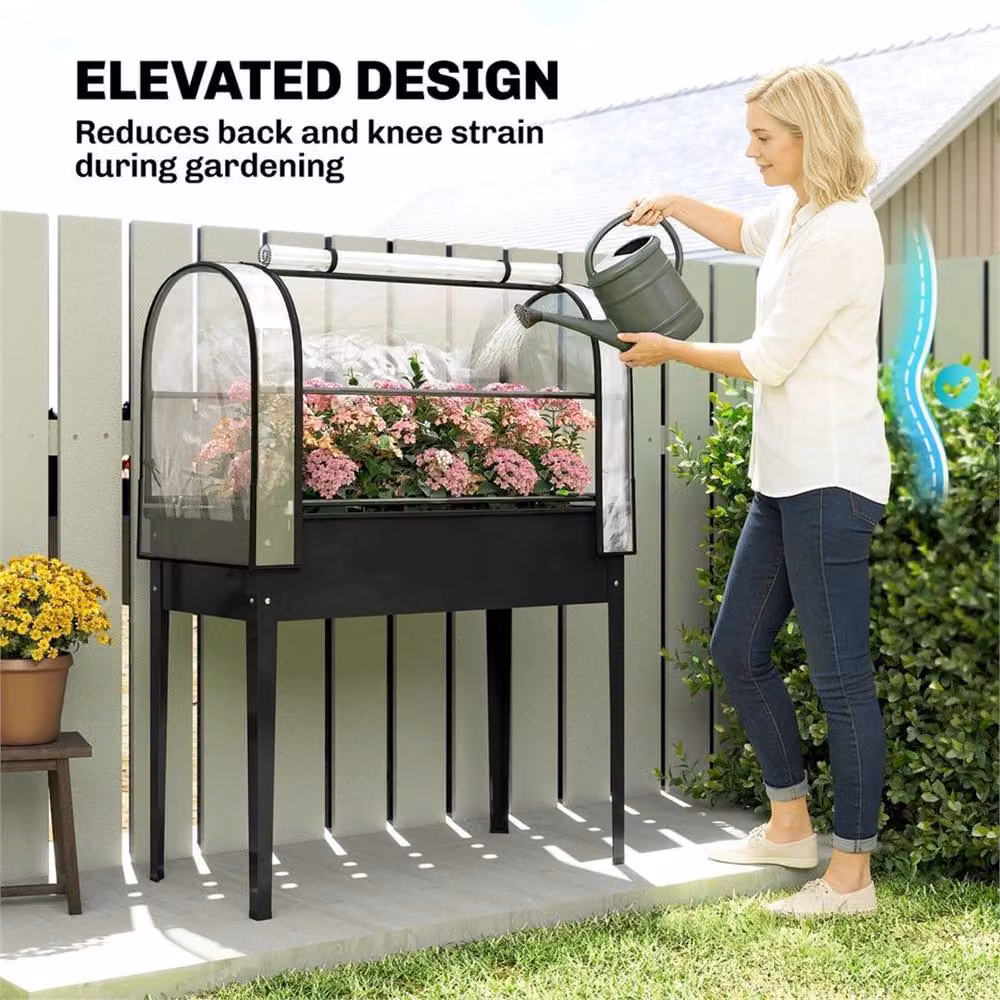 SPETLEK Black Metal Raised Planter Box with Flip-up Greenhouse Cover – 4