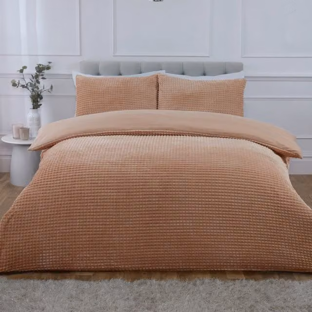 Rapport Home Reversible Waffle-Knit Teddy Fleece Duvet Cover and Pillowcase Set, Beige, W/D/H: 135 x 200 cm and 50 x 75 cm