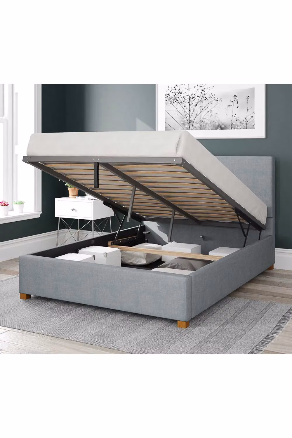 Aspire Garland Upholstered Ottoman Storage Bed in Light Blue Fabric, W/D/H: 140 x 200 cm – 1