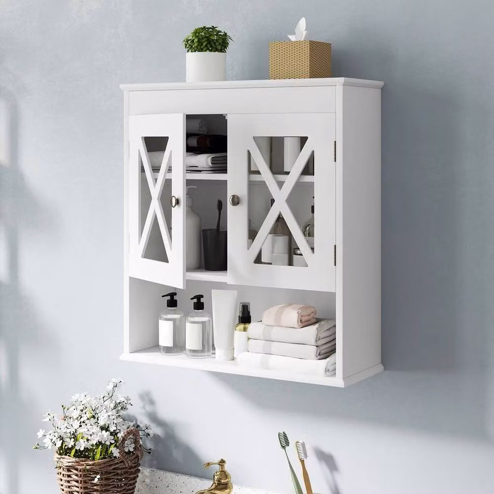KORVIXA Wall Mounted Medicine Cabinet in White with Acrylic Doors, W: 90 cm, H: 65 cm – 2