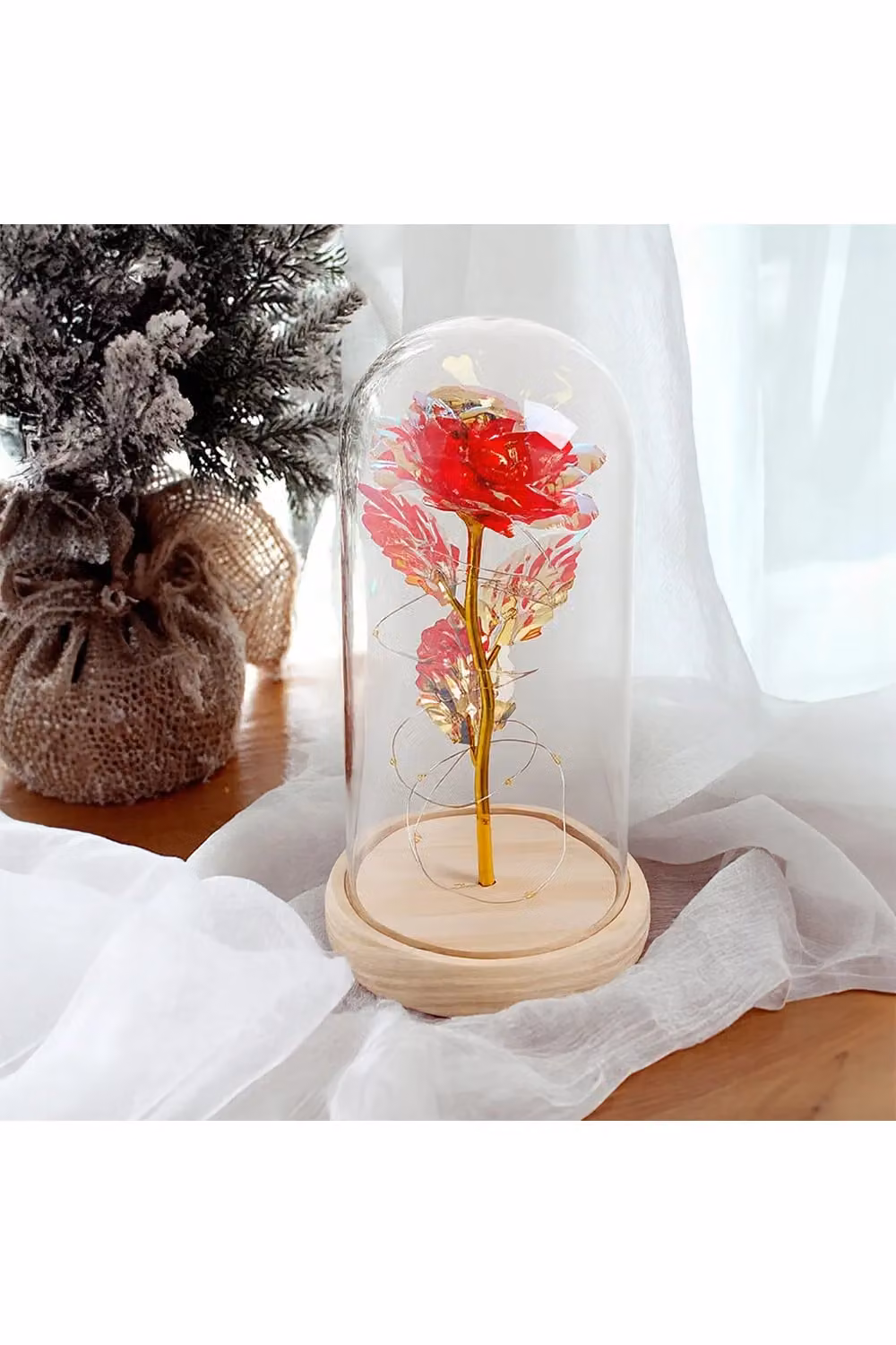 Living and Home Eternal Red Rose in a Glass Dome with Wooden Base and LED Lighting – 3