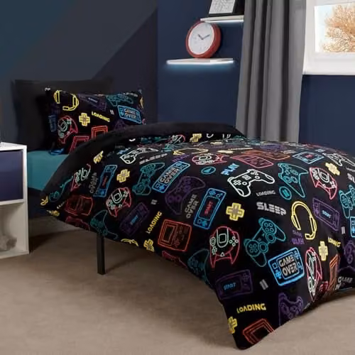 OHS Gaming Kids Reversible Fleece Duvet Cover and Pillowcase Set in Black and Blue, W/D/H: 200 x 200 cm – 1