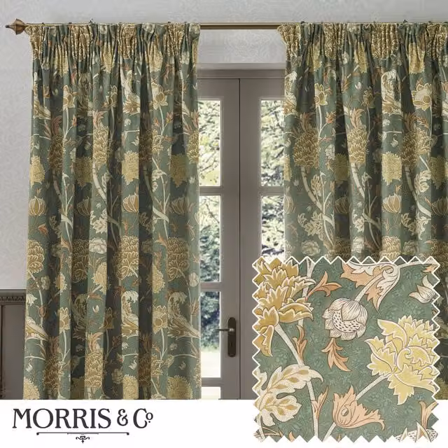 Morris & Co. Cray Floral Printed Velvet Ready Made Pencil Pleat Curtains in Sage Green and Sunflower