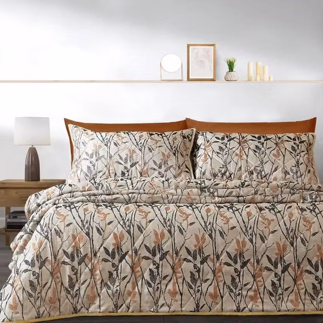 Velosso Wilder Jacquard Leaves Trail Quilted Bedspread Set in Natural Beige