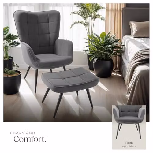 tectake Scandi Style Armchair with Integrated Footstool in Anthracite and Black Corduroy Fabric – 5