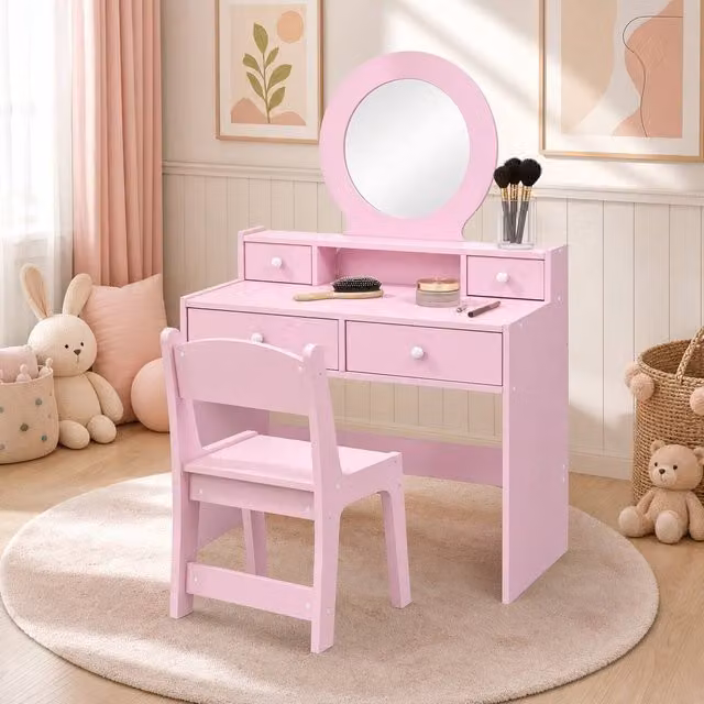 STILVORA Dressing Table Set with Stool and Mirror, Pink